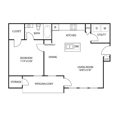 Floor plan for 1 bed, 1 bath, 665 sqft